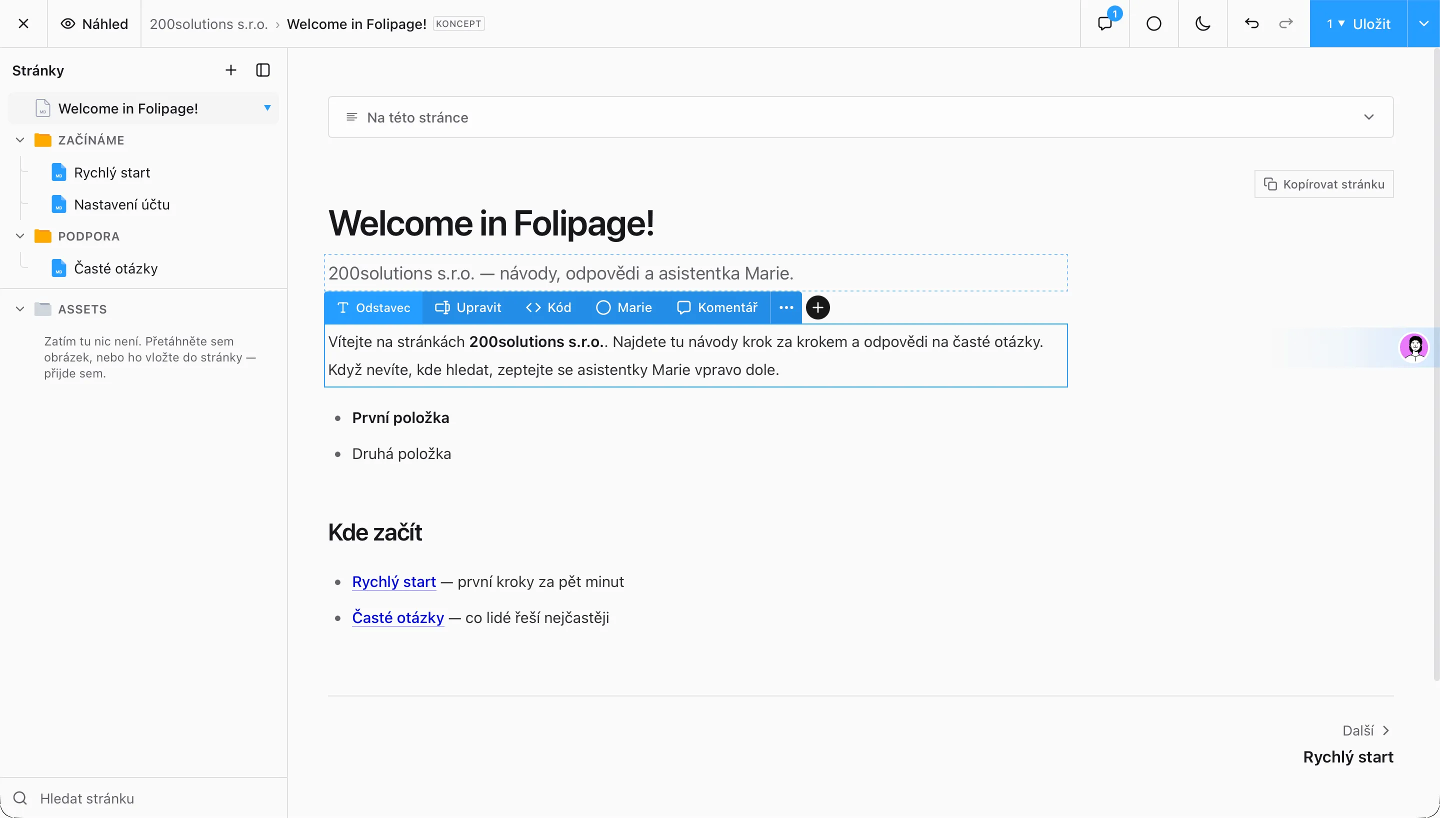 Editor folipage s rozpracovanou stránkou „Welcome in Folipage!“: vlevo strom stránek, nad vybraným odstavcem lišta s volbami Odstavec, Upravit, Kód, Marie a Komentář.